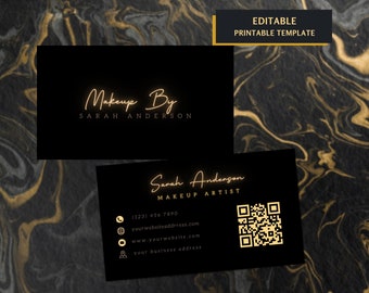 Modèle de cartes de visite de luxe personnalisées, cartes de visite minimales noires dorées avec code QR, carte de bricolage pour coiffeur maquilleur, cils, ongles