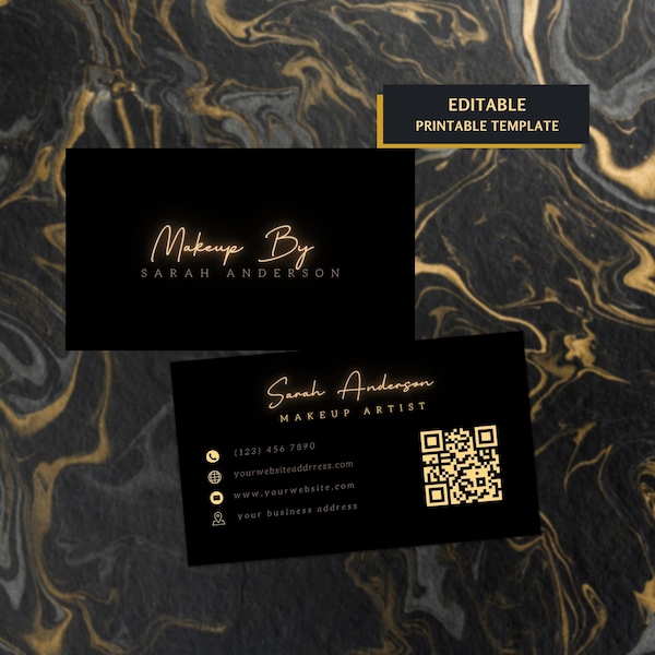 Custom Luxury Business Cards Template, Gold Black Minimal Business Cards With QR Code, DIY Card For Hairstylist Makeup Artist, Lashes, Nail