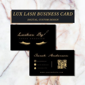 Biglietto da visita personalizzato Lash Tech con codice Qr, biglietto da visita per l'estensione delle ciglia in oro e nero con design digitale con codice di riferimento, bellezza delle ciglia
