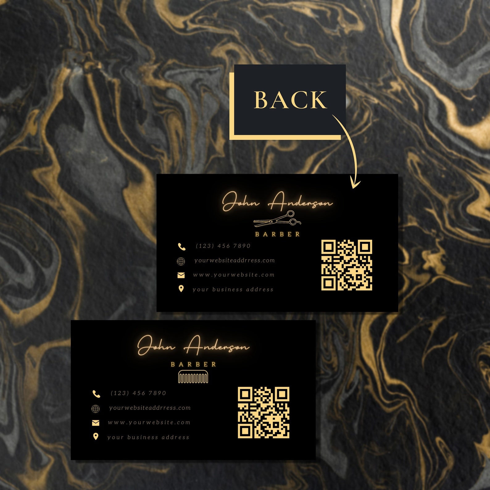 Modern Luxury Barber Business Card Template, QR Code Custom Minimal