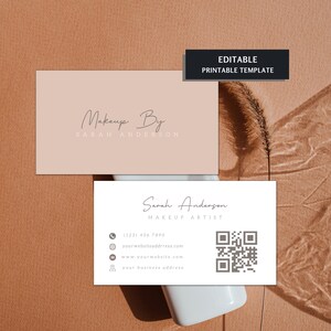 Visitenkarte mit Qr-Code-Vorlage, Maskenbildner Schönheitssalon Visitenkartenvorlage, Rosa Weiß Minimal Weibliche Karte, Spa, Nägel, Wimpern