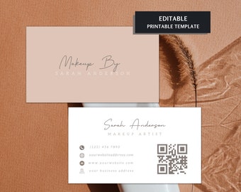Business Card With Qr Code Template, Makeup Artist Beauty Salon Business Card Template, Pink White Minimal Feminine Card, Spa, Nails, Lashes