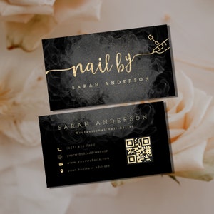 NAIL TECH Visitenkarte Vorlage für Nageldesigner Visitenkarte Nageltechniker Karte mit Strichcode Qr Code Schwarz Gold Maniküre-Salon Marketing
