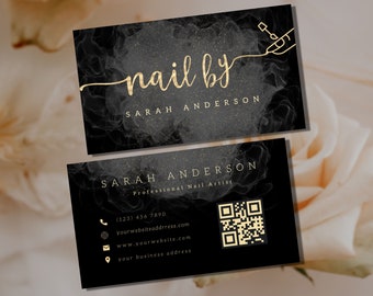 NAIL TECH Visitenkarte Vorlage für Nageldesigner Visitenkarte Nageltechniker Karte mit Strichcode Qr Code Schwarz Gold Maniküre-Salon Marketing