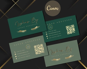 Modèle de carte de visite personnalisée Lash DIY Luxury Green Gold Beauty Eyelash Salon Cartes de visite QR Code, Lash Extension Lash Tech Business Card