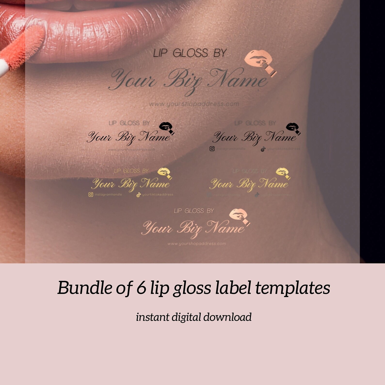 Custom Clear Lip Gloss Labels Template, 6 Rose Gold Black Lipgloss