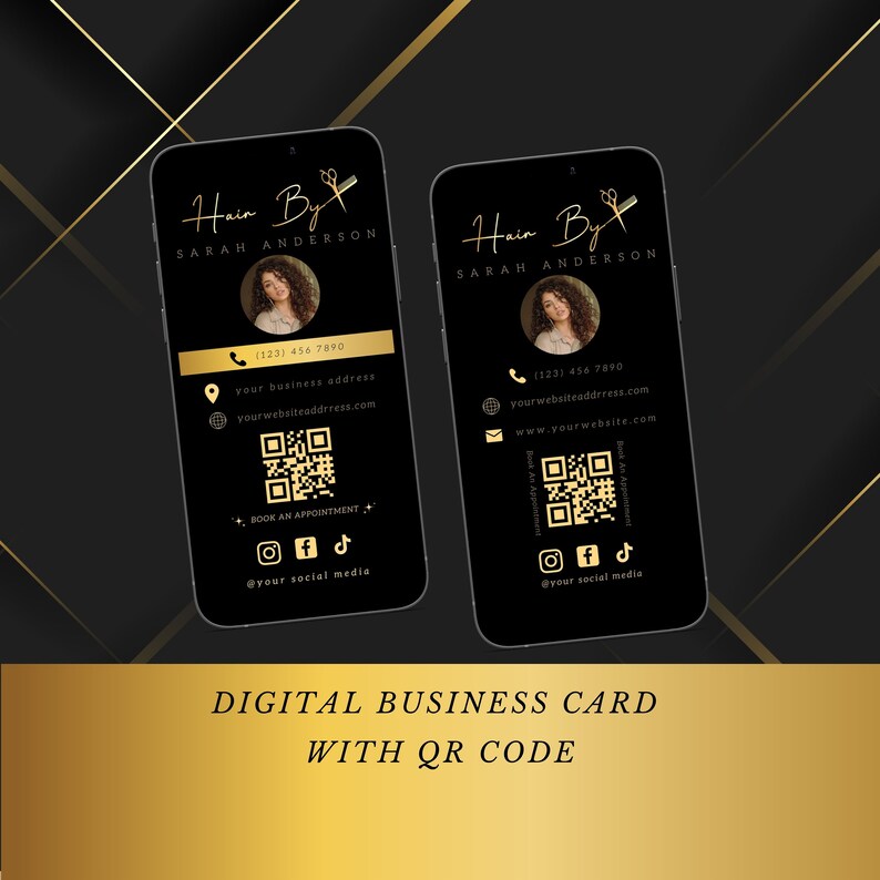 Puede incluir: Tarjeta de visita digital negra y dorada con un c&oacute;digo QR, una foto de mujer y el texto "Hair By Sarah Anderson".