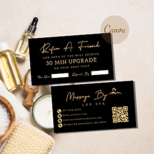 Lux MASSAGE THERAPY スパ名刺 マッサージセラピスト向けチラシ 友人紹介ロイヤルティカードテンプレート QRコード付き ブラックゴールド紹介カード