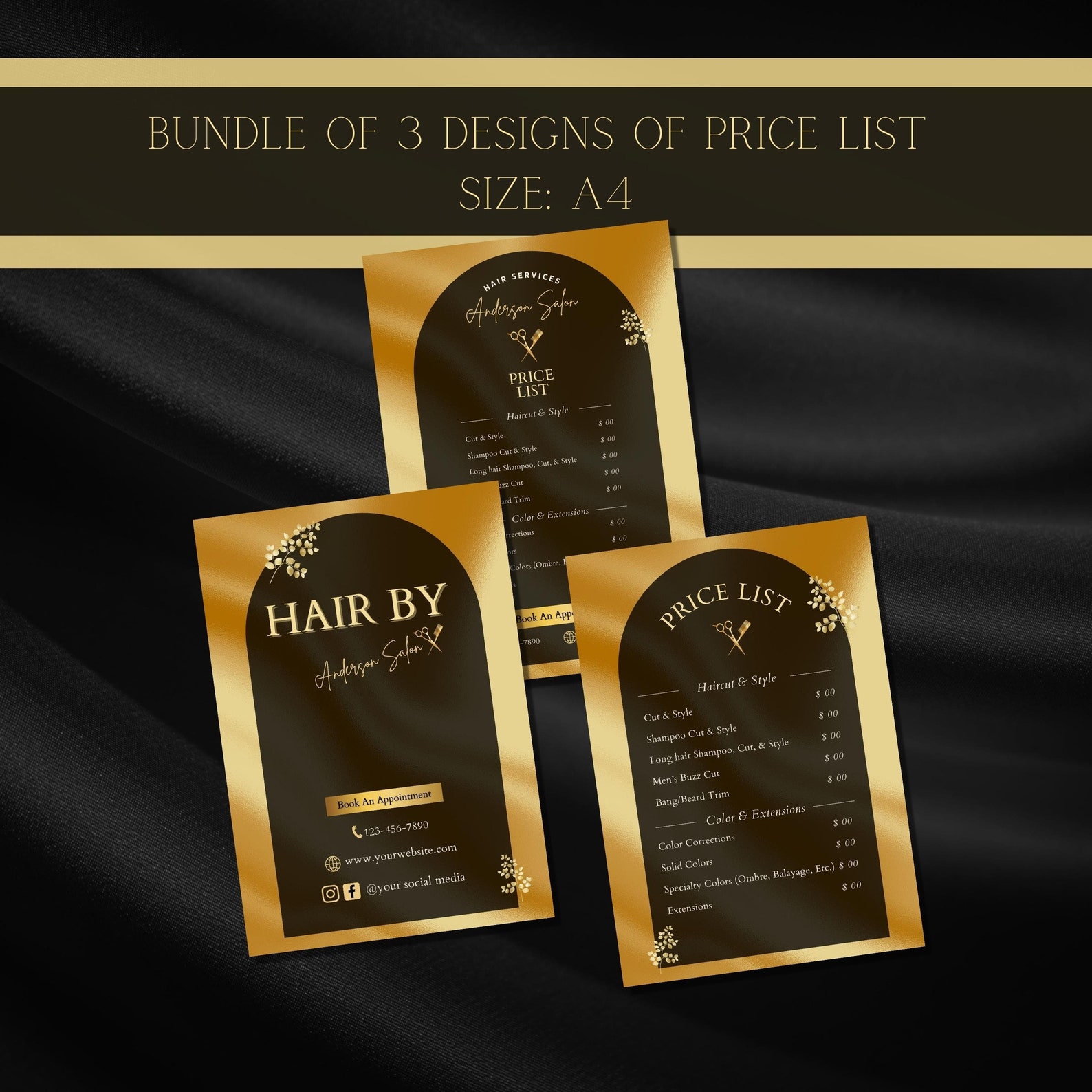 Hair Salon Pricelist and Services Editable Template Barber Gold Price