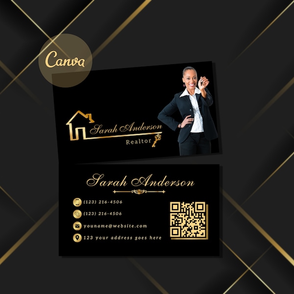 Lux Real Estate Business Cards, Black Gold Realtor Business Cards Template, QR Code Custom Business Card Insurance Mortgage Broker Financial