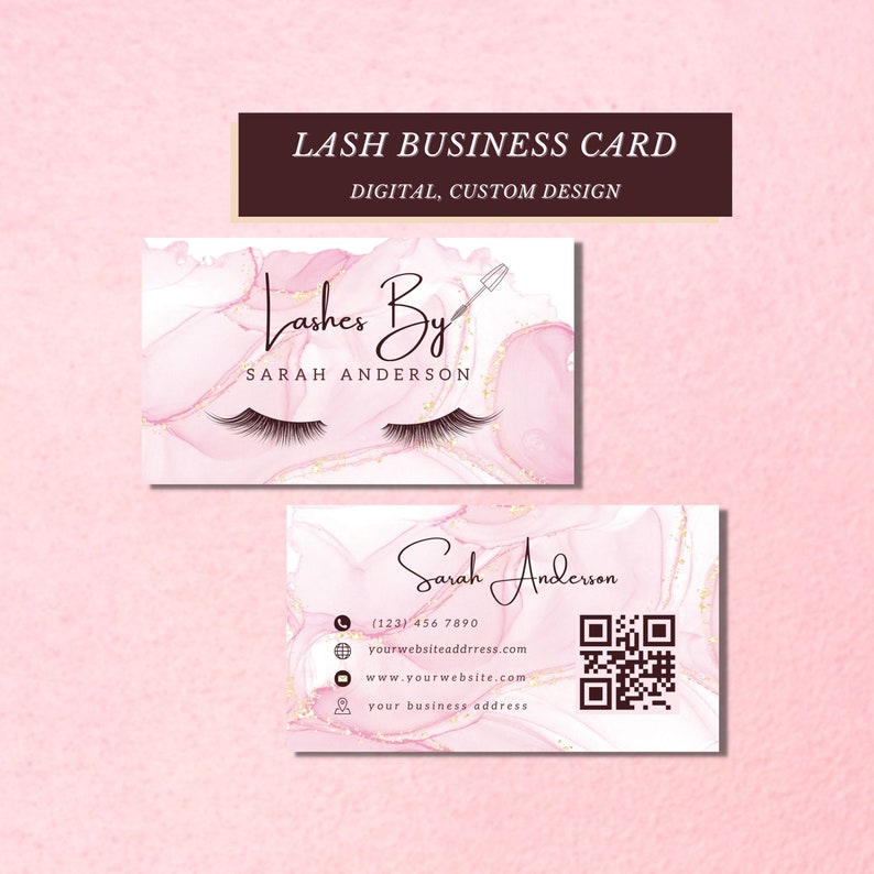 Eyelash Extensions Business Cards Design, Custom Lash Digital Card, Beauty Business Cards Qr Code, Personalize Feminine Lash Tech Refer Card image 1