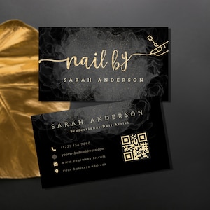Wunderschöne individuelle Nail Tech Visitenkarten Design, Schwarz Gold Grau Nagel Salon Visitenkarten digitaler Download benutzerdefinierter QR Code Nail Artist Karte