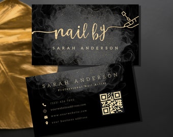 Wunderschöne individuelle Nail Tech Visitenkarten Design, Schwarz Gold Grau Nagel Salon Visitenkarten digitaler Download benutzerdefinierter QR Code Nail Artist Karte