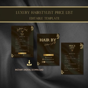 Custom Salon Price List Template Black & Gold, Glam Hairstylist Pricelist Template DIY Hair Salon Pricing Guide Hairdresser Price Sheet Menu