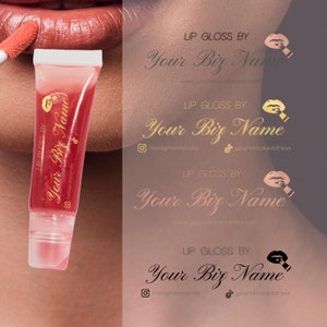 Custom Clear Lip Gloss Labels Template, 6 Rose Gold Black Lipgloss Stickers, Editable Transparent Lip Gloss Tube Lipstick Cosmetic Beauty