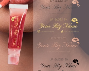Plantilla personalizada de etiquetas de brillo de labios transparente, 6 pegatinas de brillo de labios negro de oro rosa, belleza cosmética de lápiz labial de tubo de brillo de labios transparente editable