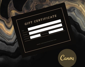 Gold Black Gift Voucher Template, DIY Gift Certificate For Lashes Spa Tattoo Beauty Salon Hairstylist Nail Studio Barber Shop Promotion Card