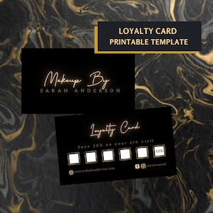 Modèle de carte de fidélité personnalisé, cartes de fidélité noir et or pour maquilleur de beauté, traqueur de carte de salon de bricolage, carte de timbre de carte de récompenses imprimable