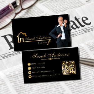 Cartes de visite pour agent immobilier avec code QR, carte de visite pour agent immobilier, carte de visite pour assurance hypothécaire, carte de visite de luxe en or noir