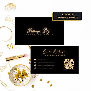 Black Gold Feminine Business Cards With Qr Code Printable Template, Makeup Artist Beauty Skincare Lashes Nail Business Cards Custom Qr Code