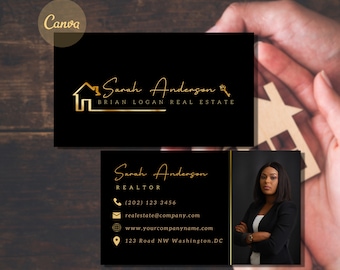May include: Black and gold business card with a house and key logo. The text reads "Sarah Anderson, Brian Logan Real Estate". The second card has a photo of a woman and the text "Sarah Anderson, REALTOR, (202) 123 3456, realestate@company.com, www.yourcompanyname.com, 123 Road NW Washington, DC."