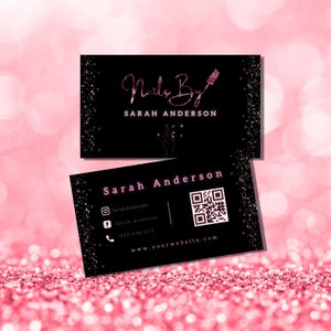 Glam Nail Visitenkarten Template Pink Schwarz Nail Artist mit Empfehlungen, Nagellack Visitenkarten mit Qr Code Beauty Visitenkarten Canva