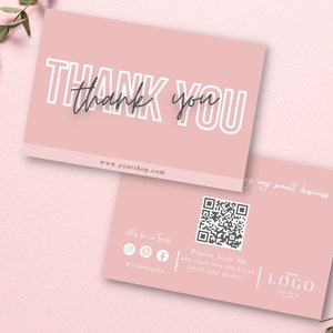 QR CODE Merci Carte de visite moderne Qr Code Design simple Carte de remerciement rose avec code QR, modèle de carte d'examen imprimable pour petite entreprise
