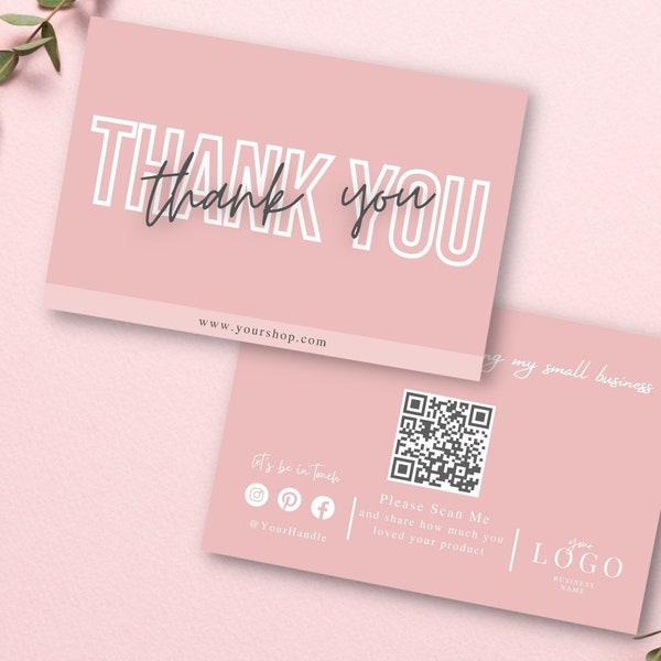 QR CODE Thank You Modern Qr Code Business Card Simple Design Pink Thank You Card With Qr Code, Printable Small Business Review Card Template