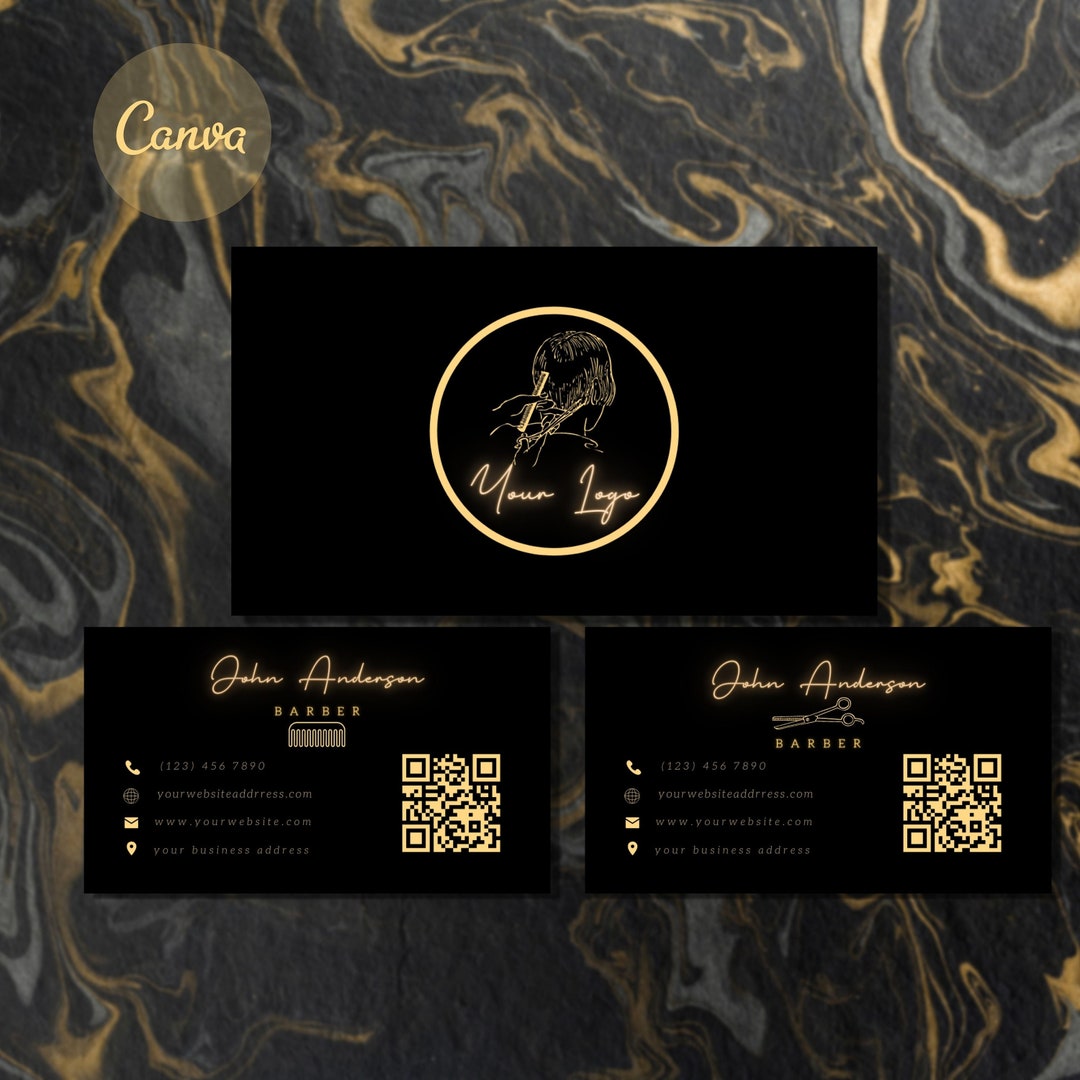 Modern Luxury Barber Business Card Template, QR Code Custom Minimal