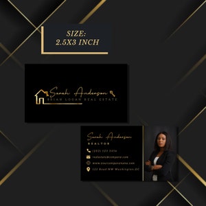 Luxury Real Estate Business Cards Template, Realtor Business Cards Qr Code, Black Gold Realty Associates Business Card With Picture, Canva