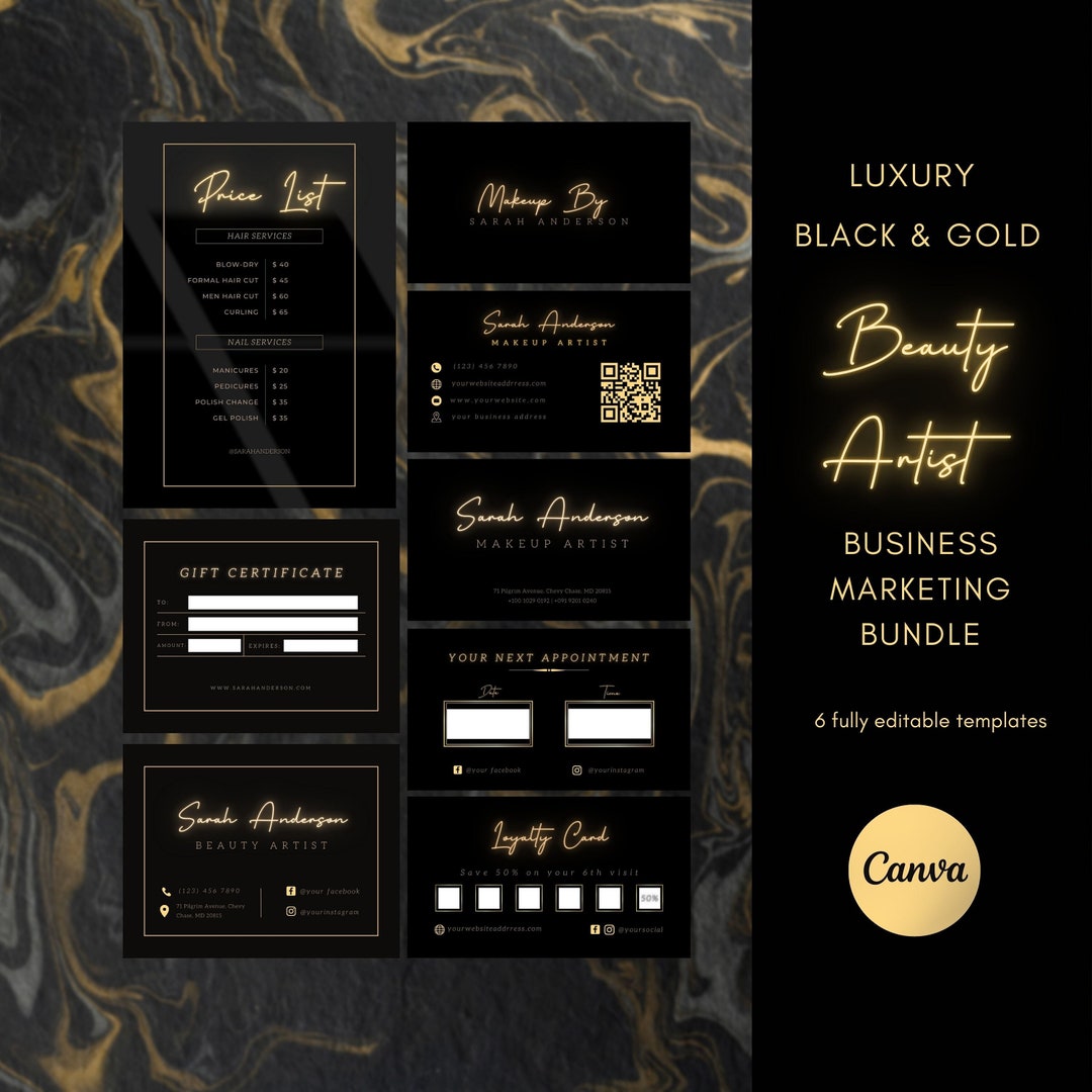DIY Black & Gold Branding Bundle Custom Business Card Template QR Code ...