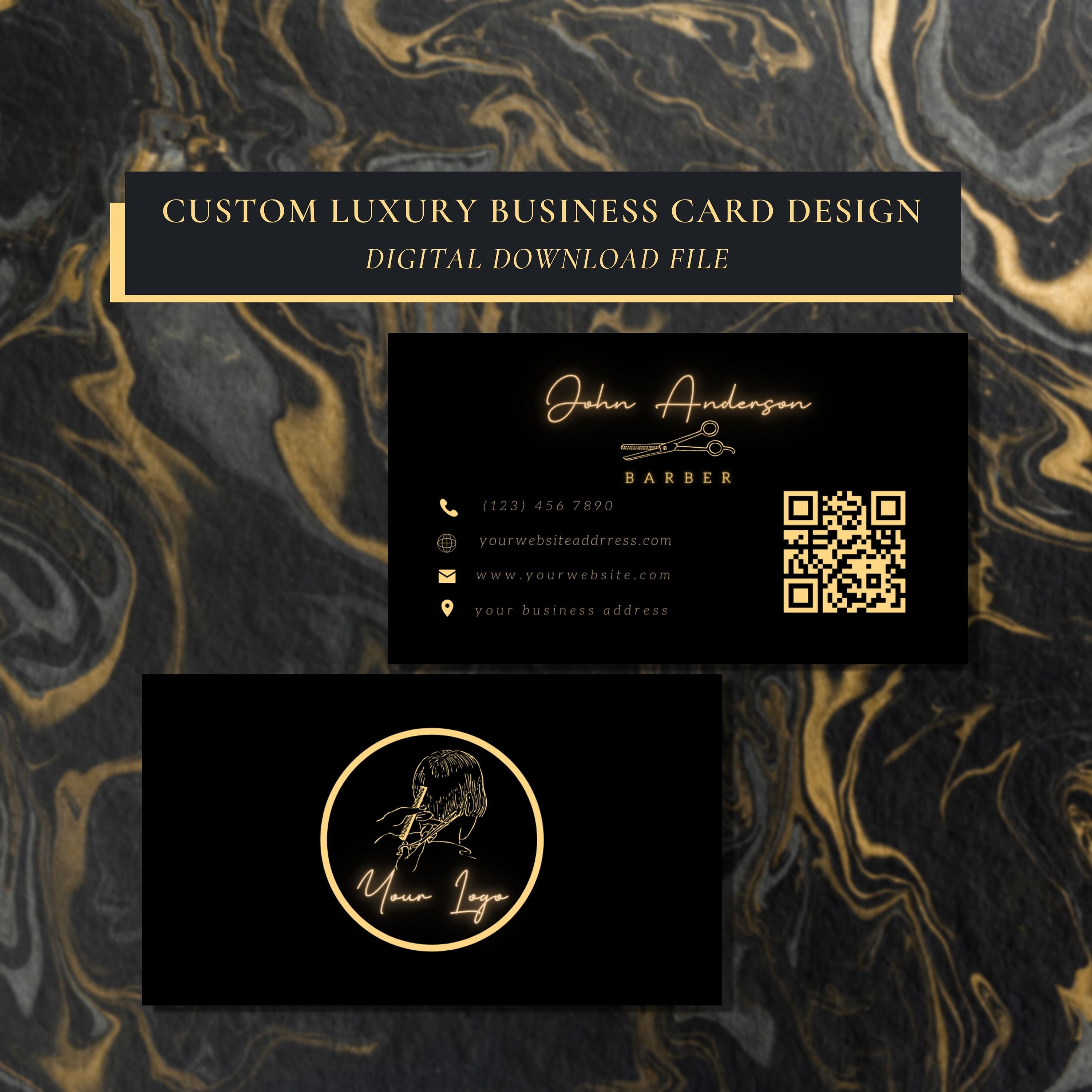 Custom Barber Business Card Design, Black Gold Barber Salon Business