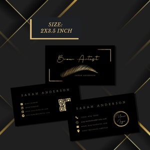 Augenbrauen-Visitenkarten-Vorlage, Microblading-Visitenkarten, Augenbrauen-Visitenkarten, Augenbrauen-Tattoo-Vorlagen. Schwarze und goldene Beauty-Visitenkarte