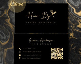 Custom Business Card For Hairstylist Hairdressers, QR Code Hairstylist Business Card Template, Lux Black Gold Barber Business Card Template