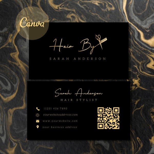 Custom Business Card For Hairstylist Hairdressers, QR Code Hairstylist Business Card Template, Lux Black Gold Barber Business Card Template
