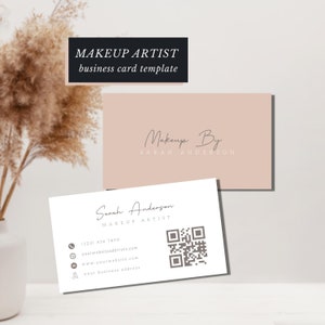 Cartões de visita de maquiador, modelo de cartões de visita de beleza mínimo personalizado, cartões de visita de salão feminino simples com código QR, maquiagem freelance