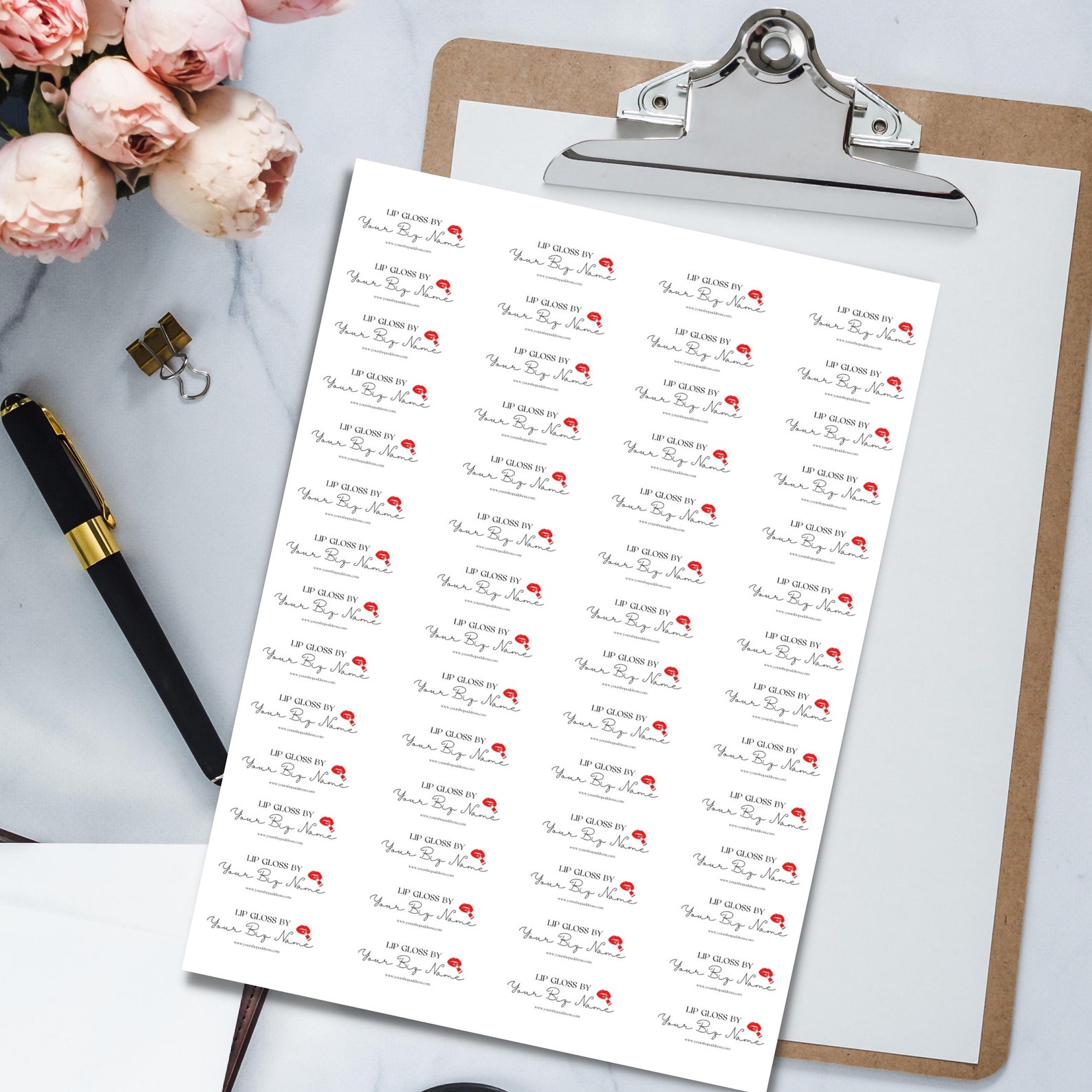 Custom Clear Lip Gloss Labels Template, 6 Rose Gold Black Lipgloss