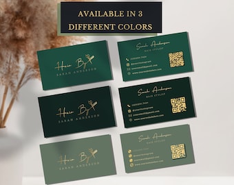 Plantilla de tarjetas de visita de oro verde salvia verde esmeralda, tarjetas de visita de estilista personalizadas Peluquería Cosmetología Peluquería Peluquería Trenza