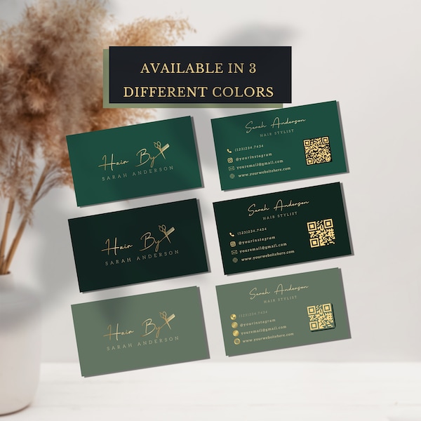 Emerald Green Sage Green Gold Business Cards Template, Custom Hairstylist Business Cards Hair Salon Cosmetology Hairdresser Barber Braider