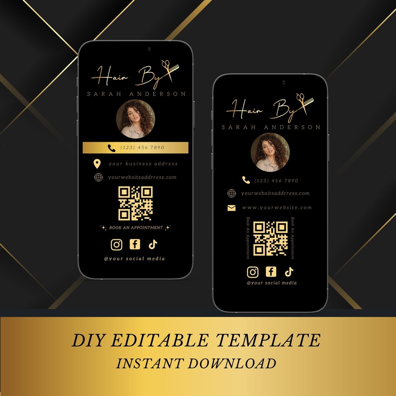Puede incluir: Una plantilla de tarjeta de visita digital negra y dorada para un estilista. La plantilla presenta una foto de una mujer, un n&uacute;mero de tel&eacute;fono, una direcci&oacute;n de sitio web, un c&oacute;digo QR e iconos de redes sociales. El texto "Hair By" y "Sarah Anderson" se muestra en letras doradas.