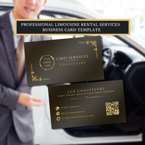 Può includere: Un biglietto da visita nero e dorato per un servizio di limousine. Il biglietto presenta il testo "Limo Services Chauffeurs" e "Lux Chauffeurs Trasferimenti aeroportuali, Viaggi d'affari, Occasioni speciali." Il biglietto include anche un numero di telefono, un indirizzo email e un handle di social media.