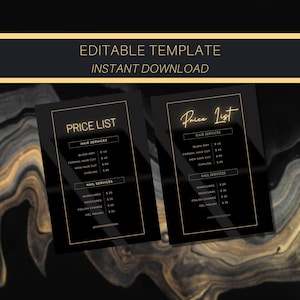 Pricelist Template, Lux Black Gold Price List Template For Beauty Salon, Makeup Artist Price Guide, Printable A4 Digital Download Pricelist