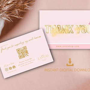 Cartes de remerciement roses mignonnes pour petite entreprise avec code QR Carte de remerciement moderne avec code QR Merci de soutenir ma petite entreprise