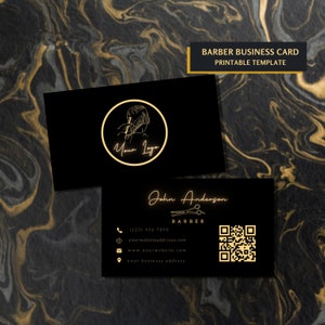 Benutzerdefinierte Barber Visitenkarten Design, Schwarz Gold Barber Salon Visitenkarten Vorlage mit QR Code, Friseur bearbeitbare Visitenkarten Canva