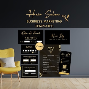 Schwarz Gold Hairstylist Business Branding Kit Canva Template Bundle Visitenkarte für Beauty Friseur Salon Braider Barber
