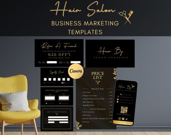 Kit de marca comercial para peluqueros de Black Gold, paquete de plantillas editables de Canva, tarjeta de presentación para peluquerías, salones de belleza, trenzadores y barberos