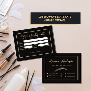 Cadeaubon BROWS, Wenkbrauw Cadeaubon Sjabloon, Goudfolie Effect Microblading Cadeaubon Moderne Zwarte Zakelijke Brow Card Promotie