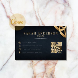Custom QR Code Business Card, Editable Template With Qr Scan, Luxury Black Gold Business Cards With Barcode Canva Printable Referral Qr Card