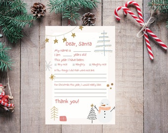 Carta a Santa / Navidad imprimible / Carta de Navidad / Carta de Santa / Lista de deseos de Navidad / Lista de deseos de Santa / Carta de Querido Santa