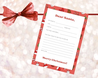 Carta a Santa / Navidad imprimible / Carta de Navidad / Carta de Santa / Lista de deseos de Navidad / Lista de deseos de Santa / Carta de Querido Santa